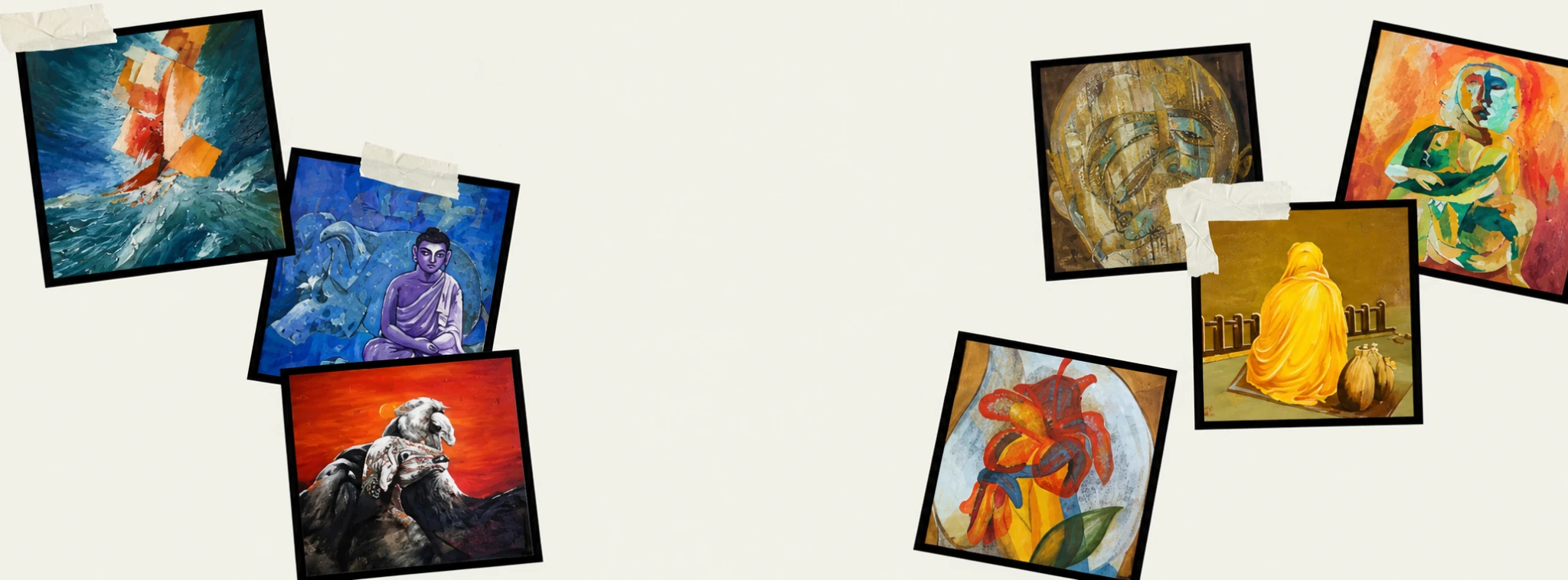 Seven expressive paintings arranged as a gallery collage with masking tape